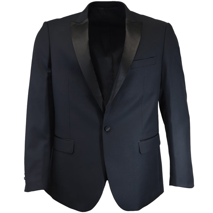 The front of a navy blue dinner jacket with peaked lapels