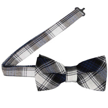 Load image into Gallery viewer, Navy plaid bow tie with an open collar set on a white background