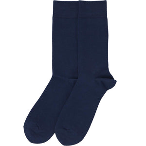 A pair of men's navy blue socks, laid out flat