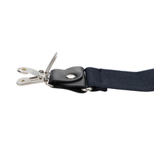 Load image into Gallery viewer, Closeup of an open silver clip on a dark blue navy suspender strap