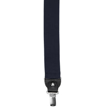 Load image into Gallery viewer, A close-up of a navy blue fabric suspender strap with a black and silver clip, shown against a plain white background.