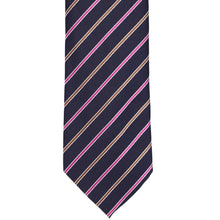Load image into Gallery viewer, Front of a navy tie with pink stripes