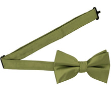 Load image into Gallery viewer, An olive green pre-tied bow tie with the band collar open
