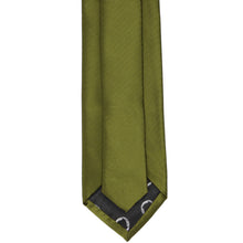 Load image into Gallery viewer, Back of an olive green necktie with a subtle herringbone pattern, shown against a plain white background.