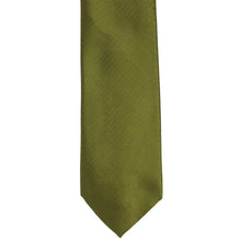 Load image into Gallery viewer, An olive green necktie with a subtle woven herringbone texture, shown vertically against a plain white background.