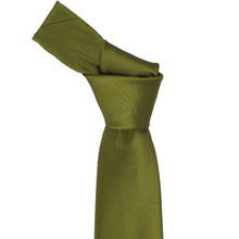 Load image into Gallery viewer, An olive green necktie with a subtle herringbone pattern, knotted and isolated on a white background.