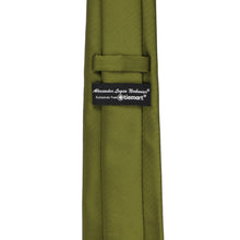 Load image into Gallery viewer, An olive green textured necktie against a plain white background, featuring a black woven brand label that reads 'Alexander Logan Neckwear Exclusively from TieMart'.