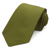 Load image into Gallery viewer, An olive green necktie with a subtle herringbone pattern, rolled and displayed on a clean white background.