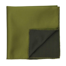 Load image into Gallery viewer, An olive green folded pocket square with a textured herringbone pattern, showing a darker reverse side on a white background.