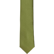 Load image into Gallery viewer, The front of an olive green skinny tie, laid flat