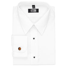 Load image into Gallery viewer, Orange and black torch pattern fabric cufflinks on a white dress shirt.