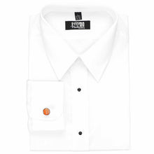 Load image into Gallery viewer, Orange plaid fabric cufflinks on a white dress shirt.