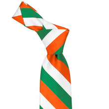 Load image into Gallery viewer, Closeup of a knot on a striped tie with green, orange, and white colors