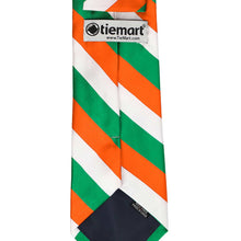Load image into Gallery viewer, Orange, white and green striped tie with 'tiemart' branding on tag