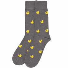 Load image into Gallery viewer, Gray socks with yellow rubber duck pattern on a white background