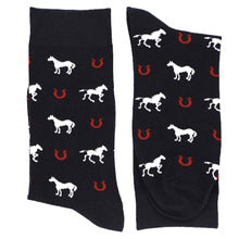 Load image into Gallery viewer, A pair of dark navy blue horse and horseshoe patterned socks