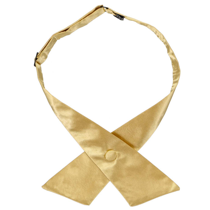 A pale gold crossover tie, snapped and closed with the ends flat