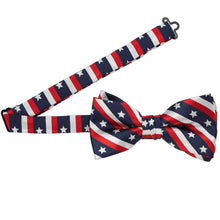 Load image into Gallery viewer, Open band collar on a men's bow tie with a red, white and blue stars and stripe design.