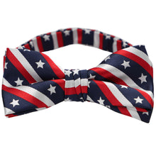 Load image into Gallery viewer, Bow tie with stars and stripes patriotic design on a white background