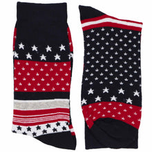 Load image into Gallery viewer, Two socks with patriotic star pattern on a white background