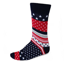 Load image into Gallery viewer, Men's American patriotic themed socks in dark blue, red and white 