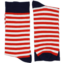 Load image into Gallery viewer, Men's red, white, and blue folded striped socks on a white background