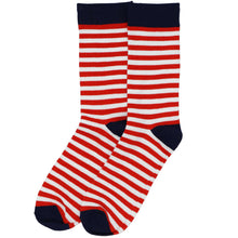 Load image into Gallery viewer, Pair of men's red and white striped socks with navy accents on a white background