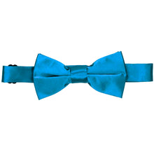 Load image into Gallery viewer, Flat band on a peacock blue bow tie