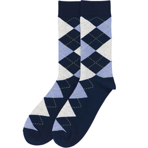 A pair of periwinkle and navy blue argyle socks