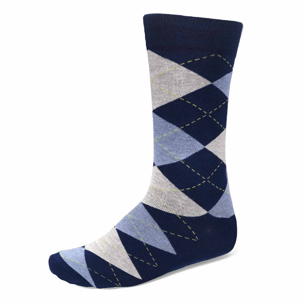 A men's navy blue and periwinkle argyle sock