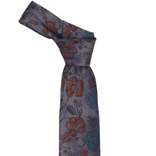 Load image into Gallery viewer, Pewter gray floral tie with burnt orange and blue flowers