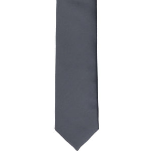 The front of a pewter skinny tie, laid flat
