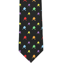 Load image into Gallery viewer, The front of a black tie with all over colorful pickleball paddles and balls
