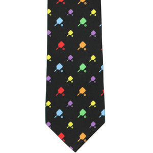 The front of a black tie with all over colorful pickleball paddles and balls