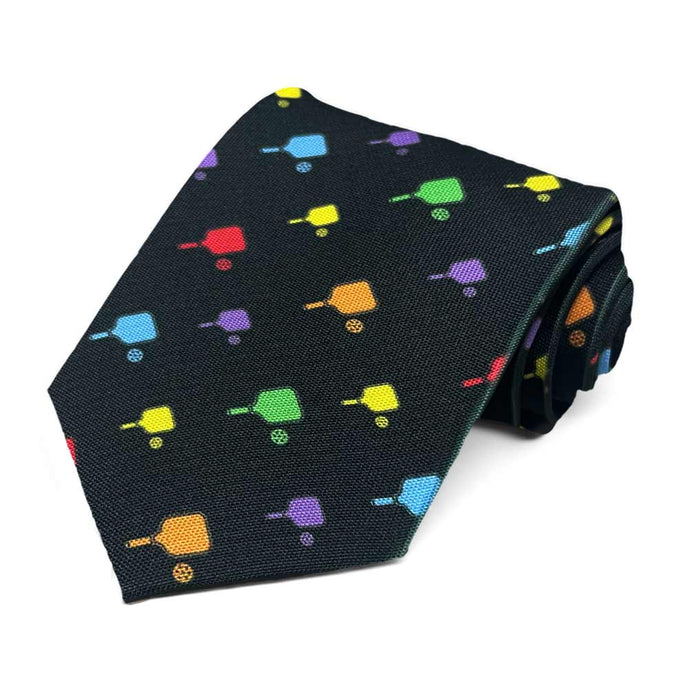 A colorful pickleball themed necktie on a black background