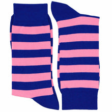 Load image into Gallery viewer, Pair of blue and pink striped socks, folded in half, on a white background