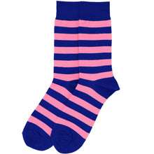 Load image into Gallery viewer, Pair of blue and pink striped socks on a white background