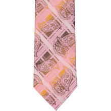 Load image into Gallery viewer, Pink tie front with a pattern of paisley and plaid shapes on a white background