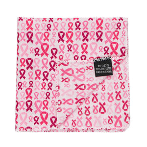A pink ribbon pocket square with a corner flipped up to show off the inside