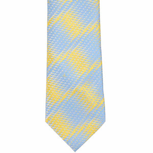 The front of a powder blue and yellow geometric pattern tie