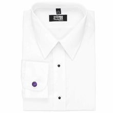 Load image into Gallery viewer, Purple and black torch pattern fabric cufflinks on a white dress shirt.