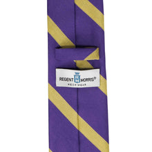 Load image into Gallery viewer, Tags on a purple and gold striped tie