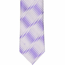 Load image into Gallery viewer, The front of a purple and silver snakeskin pattern tie, laid flat