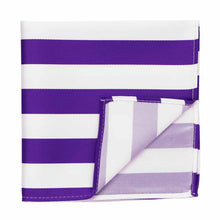 Load image into Gallery viewer, A purple and white striped pocket square with the corner flipped up to show the inside