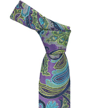 Load image into Gallery viewer, Purple tie, knotted, with lime green and turquoise paisley pattern on a white background