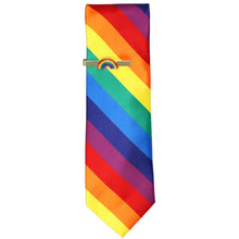 Load image into Gallery viewer, Rainbow striped tie with a rainbow tie clip on a white background