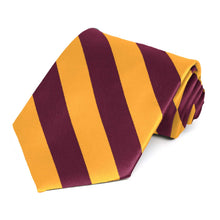 Load image into Gallery viewer, Close up of a rolled raspberry and golden yellow extra long striped tie