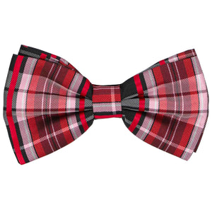 Men's red, black, pink, and burgundy detailed plaid pre-tied bow tie