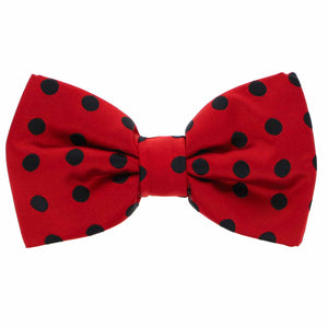 This red men's pre-tied bow tie features a black polka dot pattern