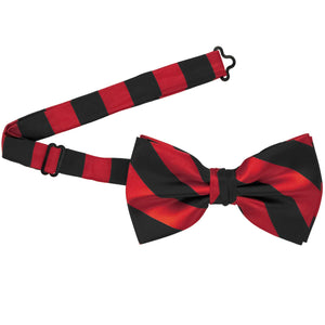 A red and black striped bow tie with an open band